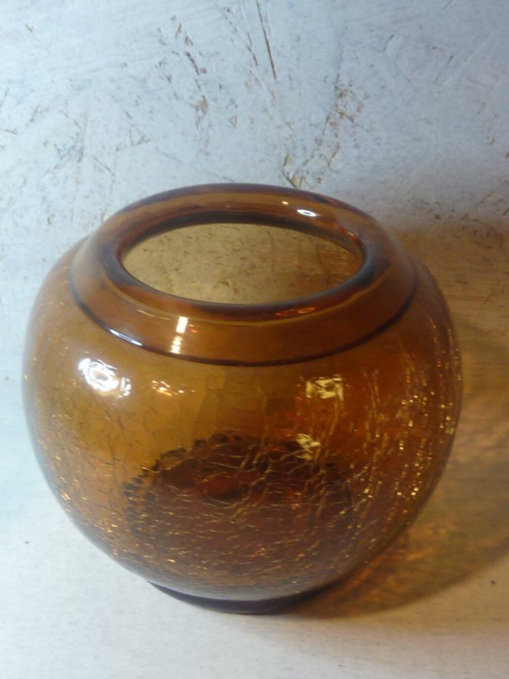 Vintage 5” x 4" Blenco Crackle Art Glass Brown Amber Round Bowl/Vase